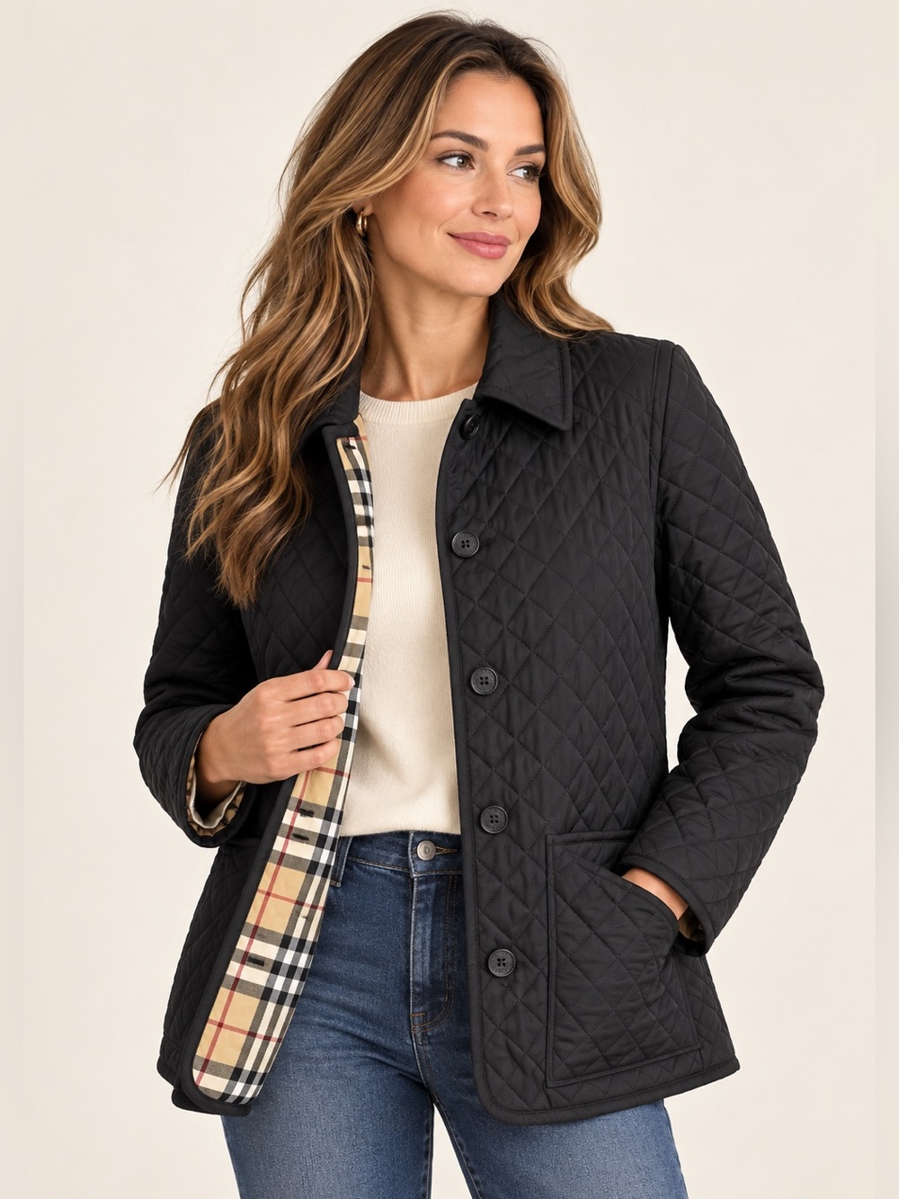 Burberry London Women’s Black Quilted Jacket Nova Check Lining